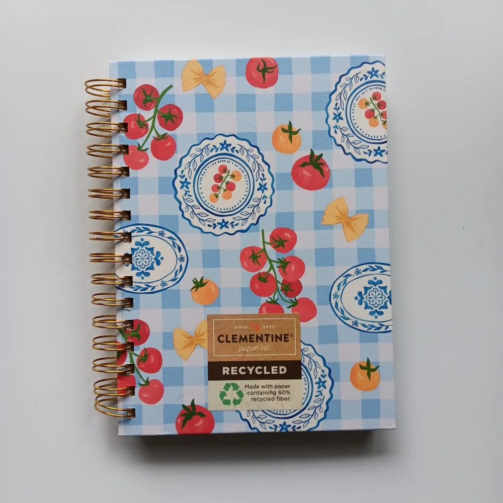 New Clementine Spiral-Bound Notebook Lined Plaid Tomatoes Pasta Food Blue White